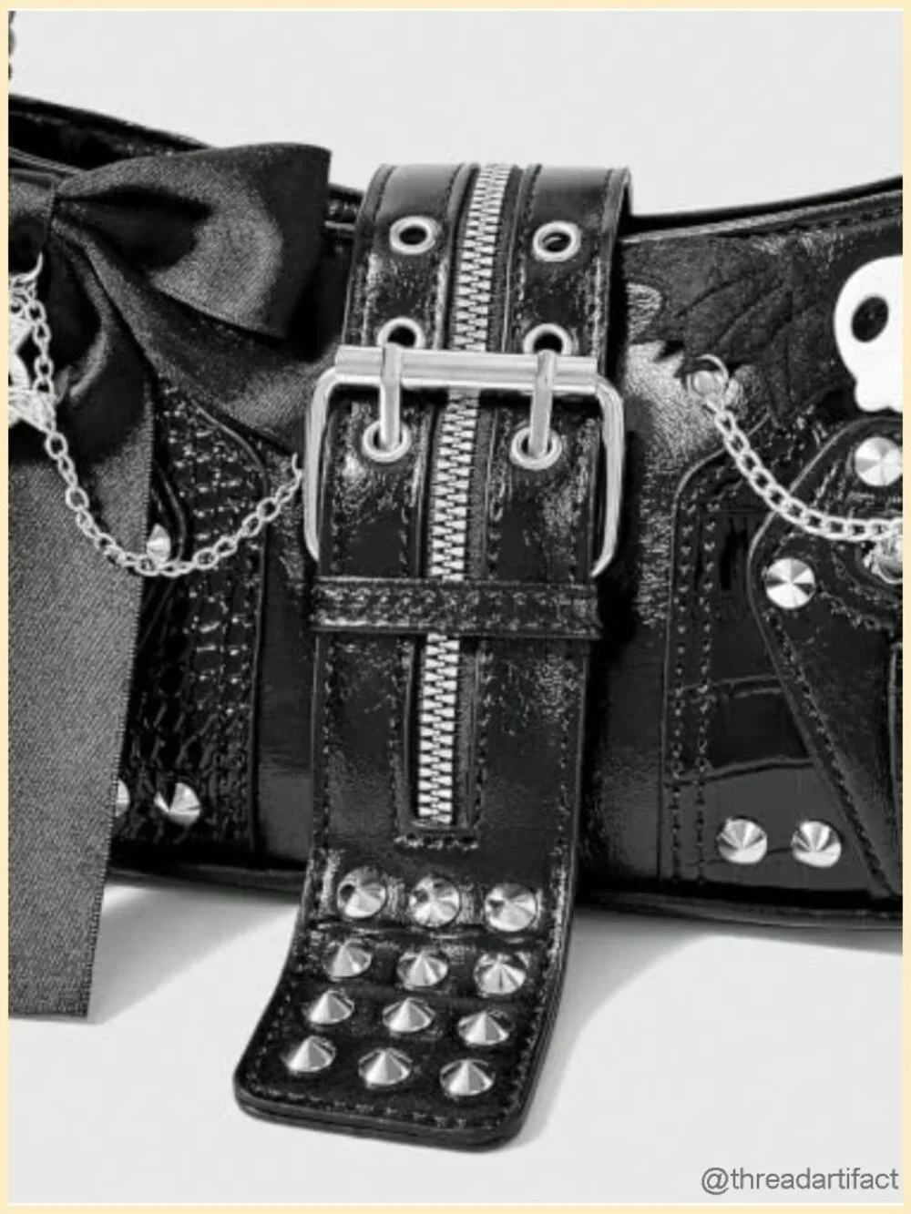 Faux Leather Shoulder Bag with Skull and Cross Charms, Studded Gothic Crossbody